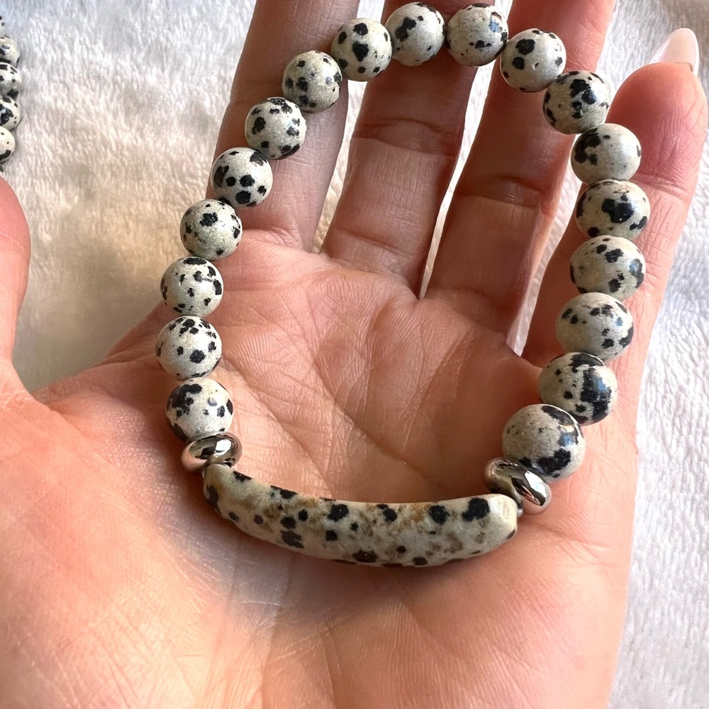 Dalmatian Jasper ID Mala Bead Bracelet - Picture 6 of 12